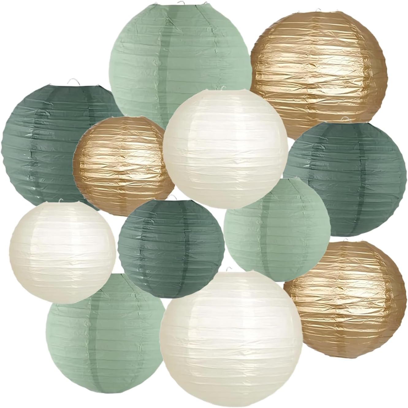 12 sztuk papierowych lampionów w stylu vintage, w kolorze szałwii, złotym i kości słoniowej, okrągłe papierowe lampiony dekoracyjne na komunię, chrzest, wesele, urodziny i imprezę w ogrodzie