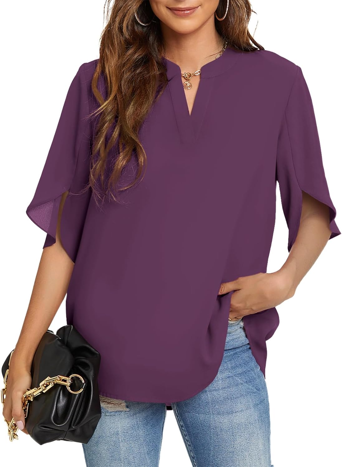 Funlingo Women's Summer Tops Short Sleeve Casual Shirts V Neck Chiffon Dressy Blouse Tops