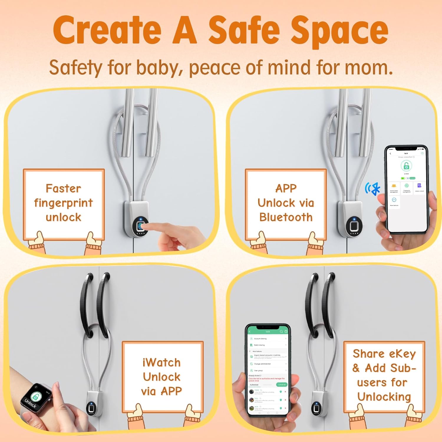 Bestkid Fingerprint Cable Lock, Childproof Fingerprint Padlock Bluetooth APP Contral, 15'' Waterproof Keyless Smart Small Lock Anti Theft for Fridge, Gate, Fence, Home, Office, Silver