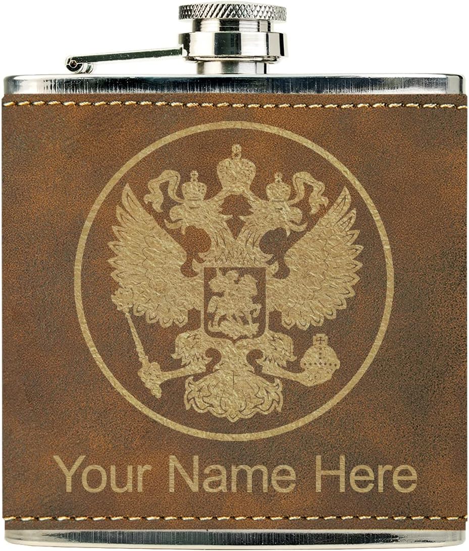 Faux Leather Flask, Coat of Arms Russia, Personalized Engraving Included (Rustic)