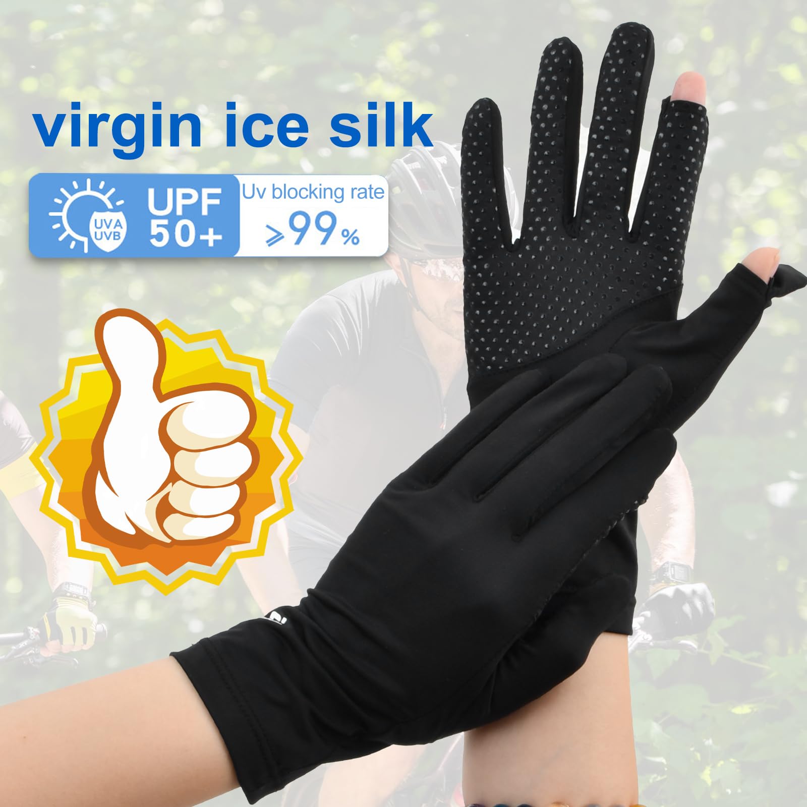 Gants de Protection Solaire, Gants de Soie glacée antidérapants Respirant, Ultra Mince Gant Anti UV Femme pour randonnée Cyclisme Golf Conduite pêche Les activités de Plein air, Noir