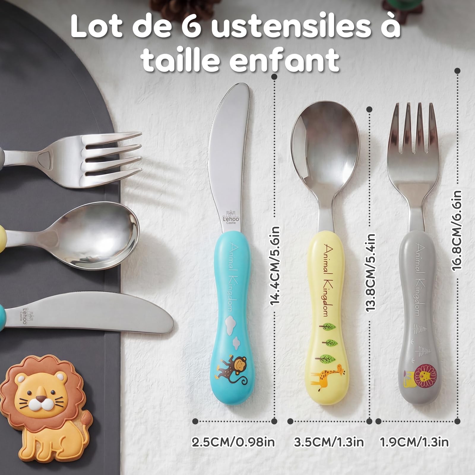 Lehoo Castle Couverts Enfant 6 Pièces, Couverts pour Bébé, 2 x Cuillères, 2 x Fourchettes, 2 x Couteaux, Set Couvert Bebe pour Garçons Filles