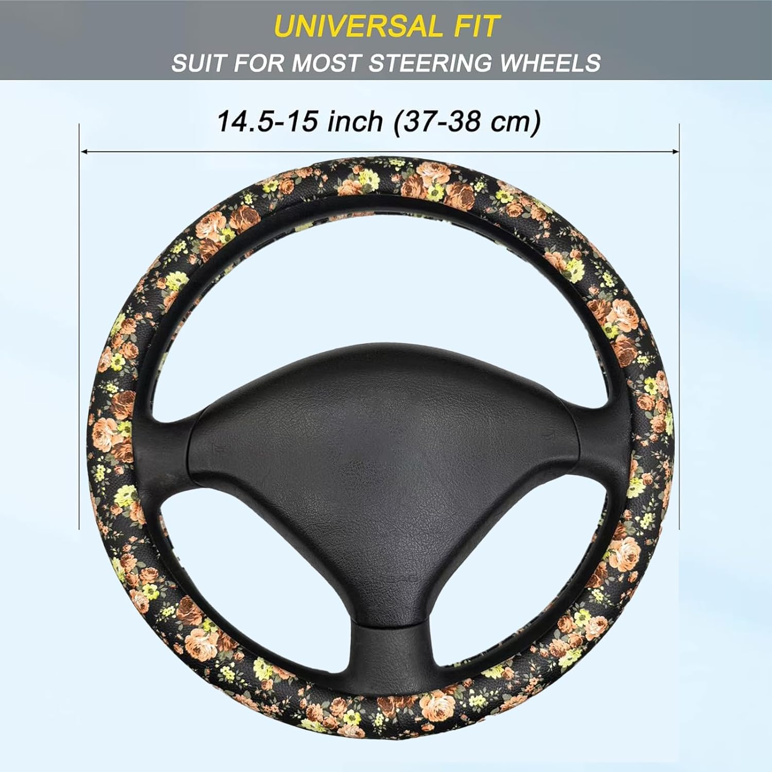 Car Steering Wheel Cover - Universal 14.5-15 Inch, Black Leather with Orange Rose & Yellow Flower Print