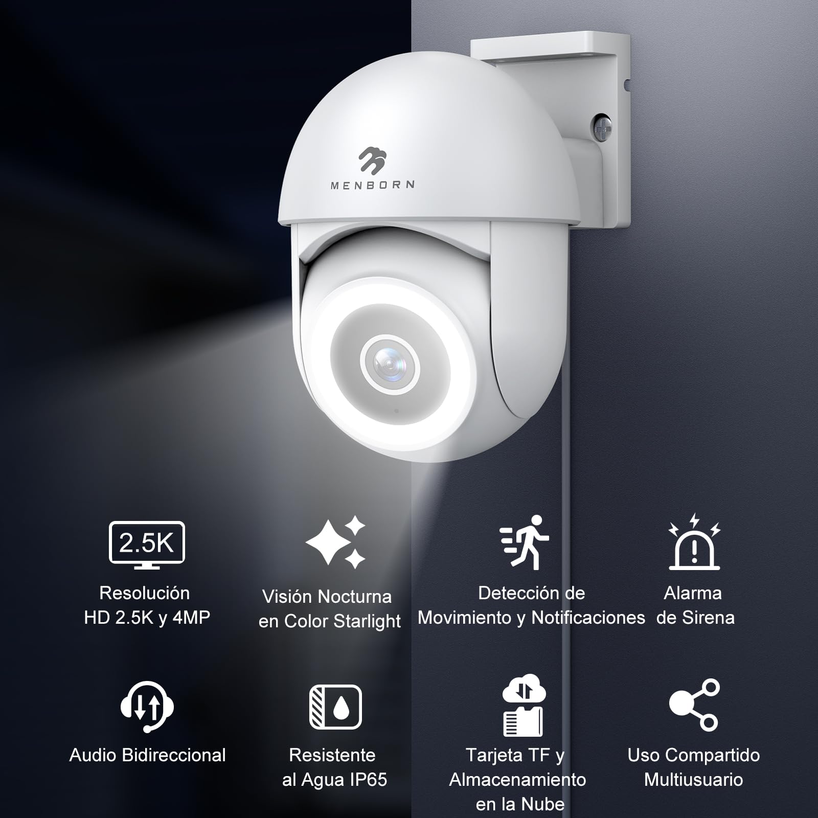 Camara Vigilancia WiFi Exterior 4MP/2,5K, Cámara IP Vigilancia de Seguridad 360°, AI Detección de Humana, Seguimiento Automático, Nocturna a Color, Audio Bidireccional, Compatible Alexa, IP65, 2 PZ