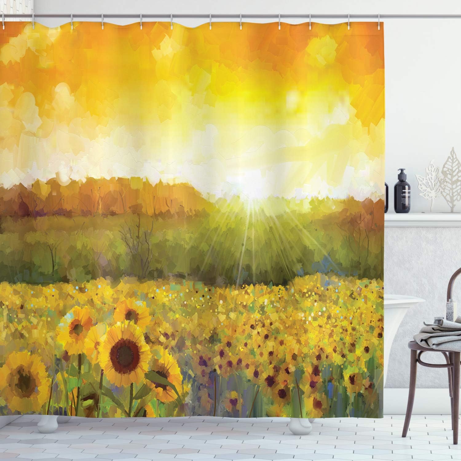 Ambesonne Sunflower Shower Curtain, Landscape a Golden Yellow Field and Distant Hill Sunset Colors Agriculture, Cloth Fabric Bathroom Decor Set with Hooks, 69" W x 70" L, Orange Yellow