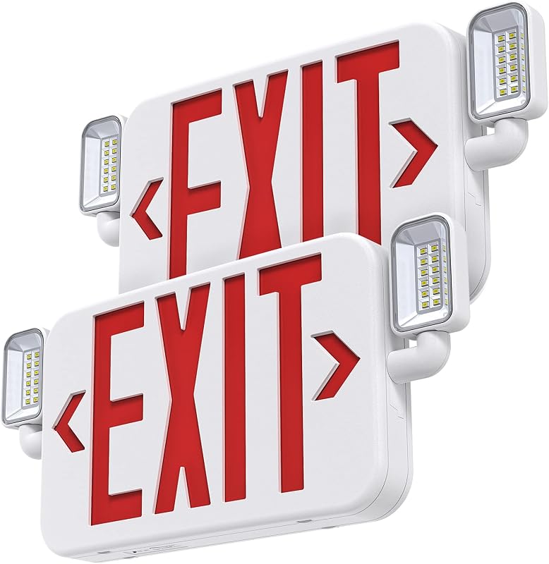 Exit Sign with Emergency Lights Battery Backup, Hardwire AC120/277V, 2PCS | UL Listed Double-sided LED Exit Sign Light Combo with 2 Adjustable Emergency Lights Head, Ceiling/Wall Mount