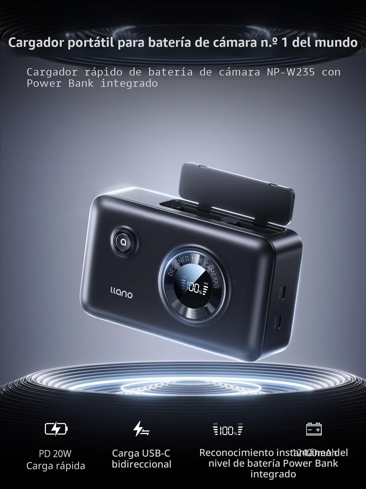 llano Cargador rápido de batería Dual NP-W235 para Fujifilm XT5, XT4, VG-XT4, XS20, GFX50S II, GFX100S, XH2, XH2S