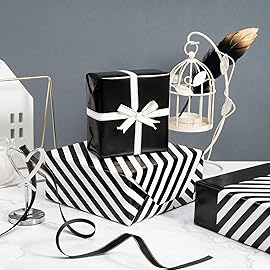 WRAPAHOLIC 30 Inch Reversible Black Wrapping Paper - Black and Stripes Wrapping Paper for Birthday, Holiday, Wedding, Baby Shower - 30 inch x 33 feet