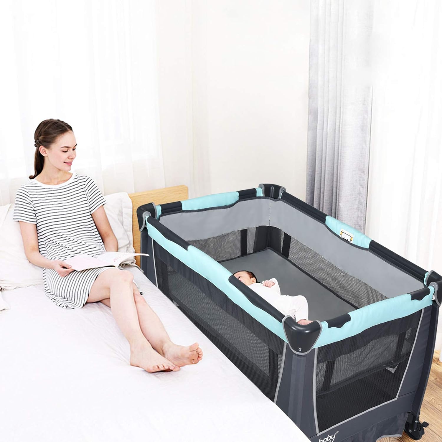 GOPLUS Centro de Cuidado de Bebés 6 en 1 Portátil | Cuna de Viaje para Bebés con Cambiador de Pañales, Bolsa de Almacenamiento y Juguetes Colgantes de 0-36 Meses