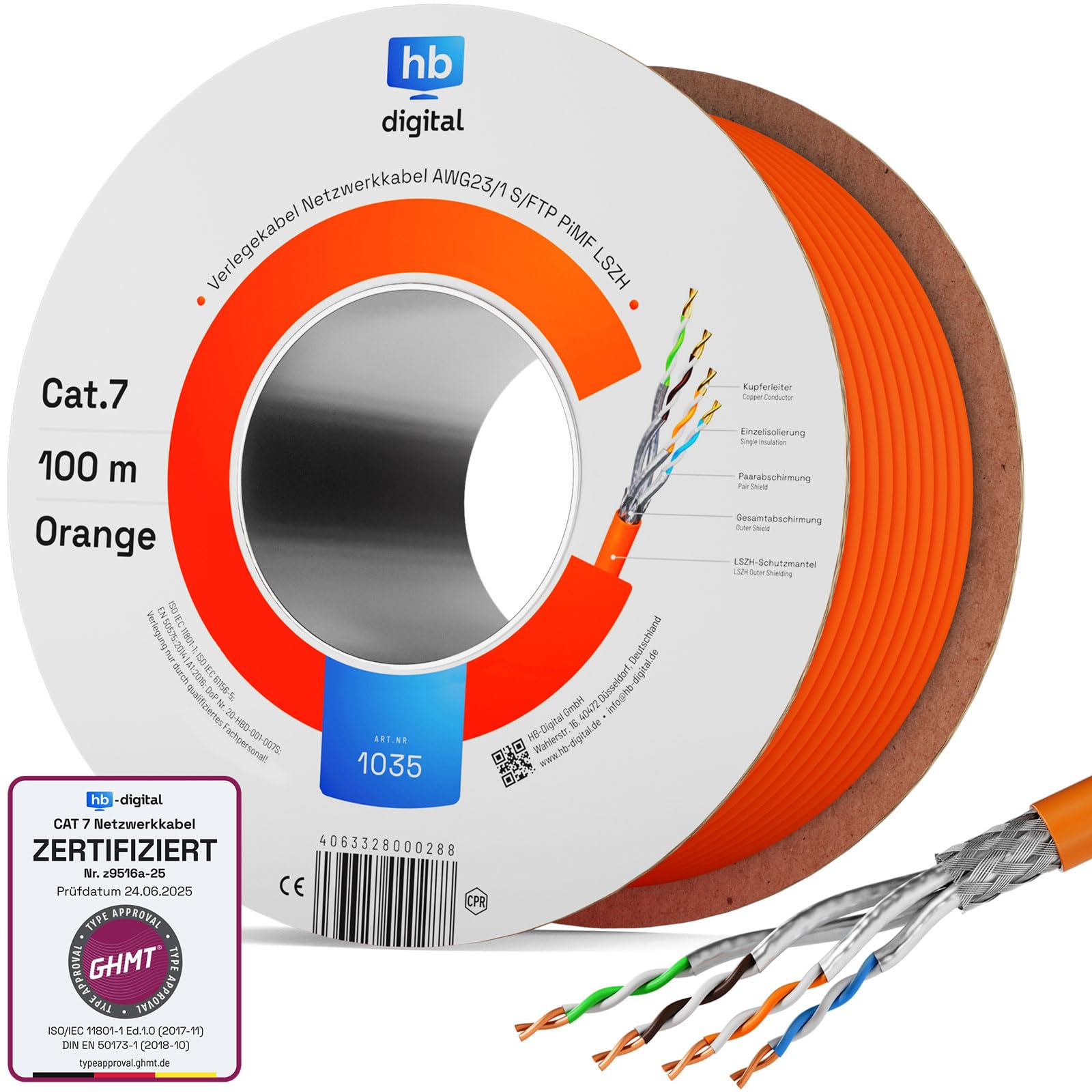HB-DIGITAL 100m Cable de red CAT 7 LAN, cable de instalación Ethernet, 10 Gbit/s, AWG23/1 S/FTP PiMF, certificado GHMT, cobre puro 0,55 mm, LSZH CPR Eca, Simplex - Naranja