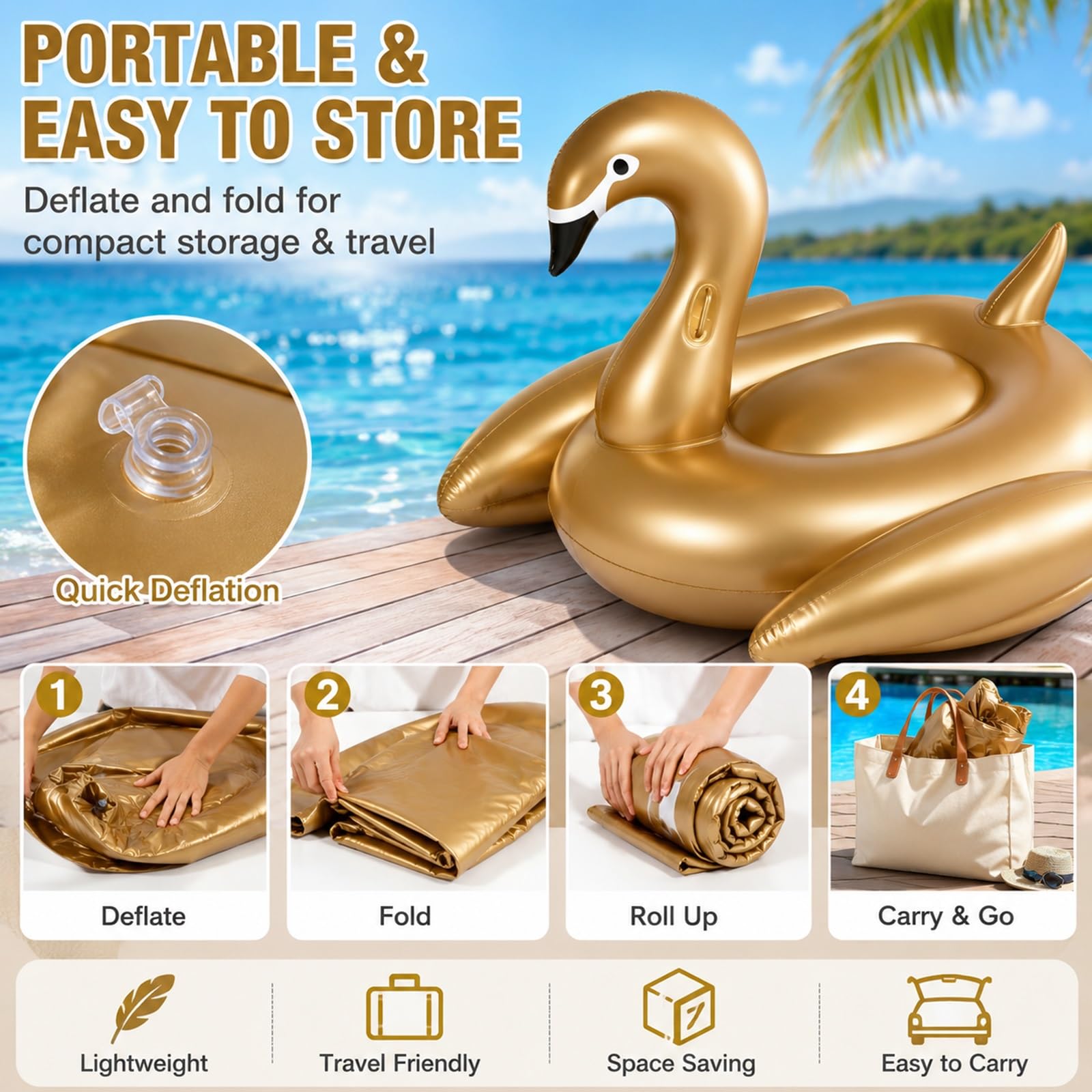 Flotador Inflable Cisne Dorado para Piscina Tumbona Flotante