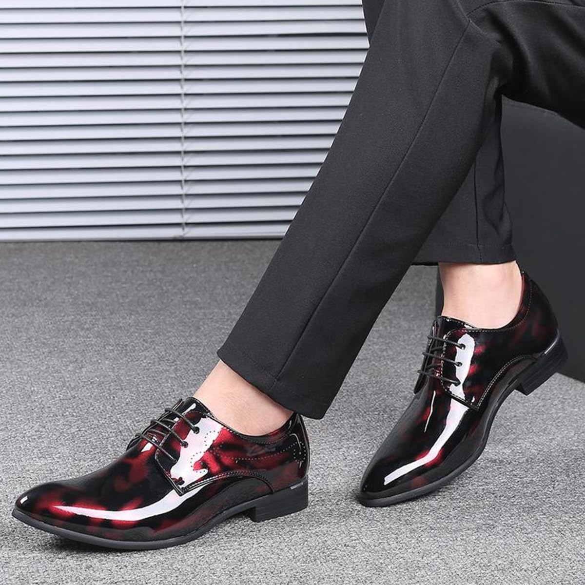 Zapatos De Vestir Cuero Hombre con Cordones - Zapatos De Oxfords Punta Afilada - Charol Estampado Floral for Negocios, Bodas, Fiestas y la Oficina