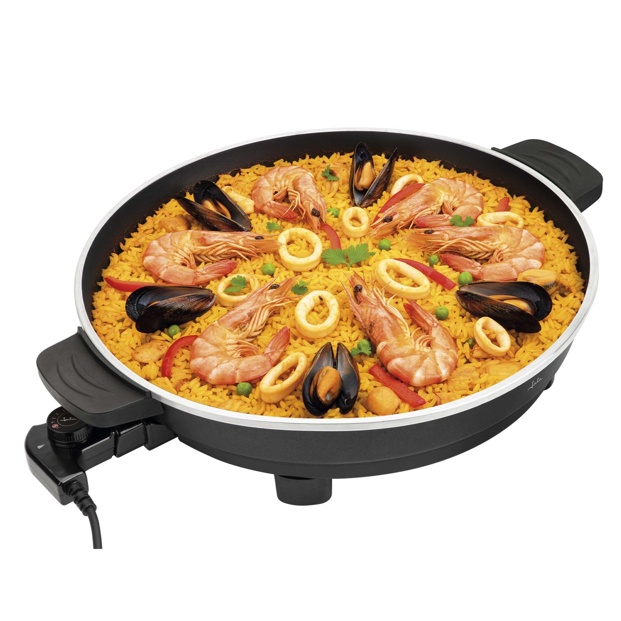 JATA JEPE1601 - Paellera Eléctrica 43 cm con Tapa de Cristal, Sartén Eléctrica Antiadherente 2000W, Termostato Regulable, Tapa de Cristal con Válvula de Vapor, Ideal para Paellas, Arroces, Fideuá, ...