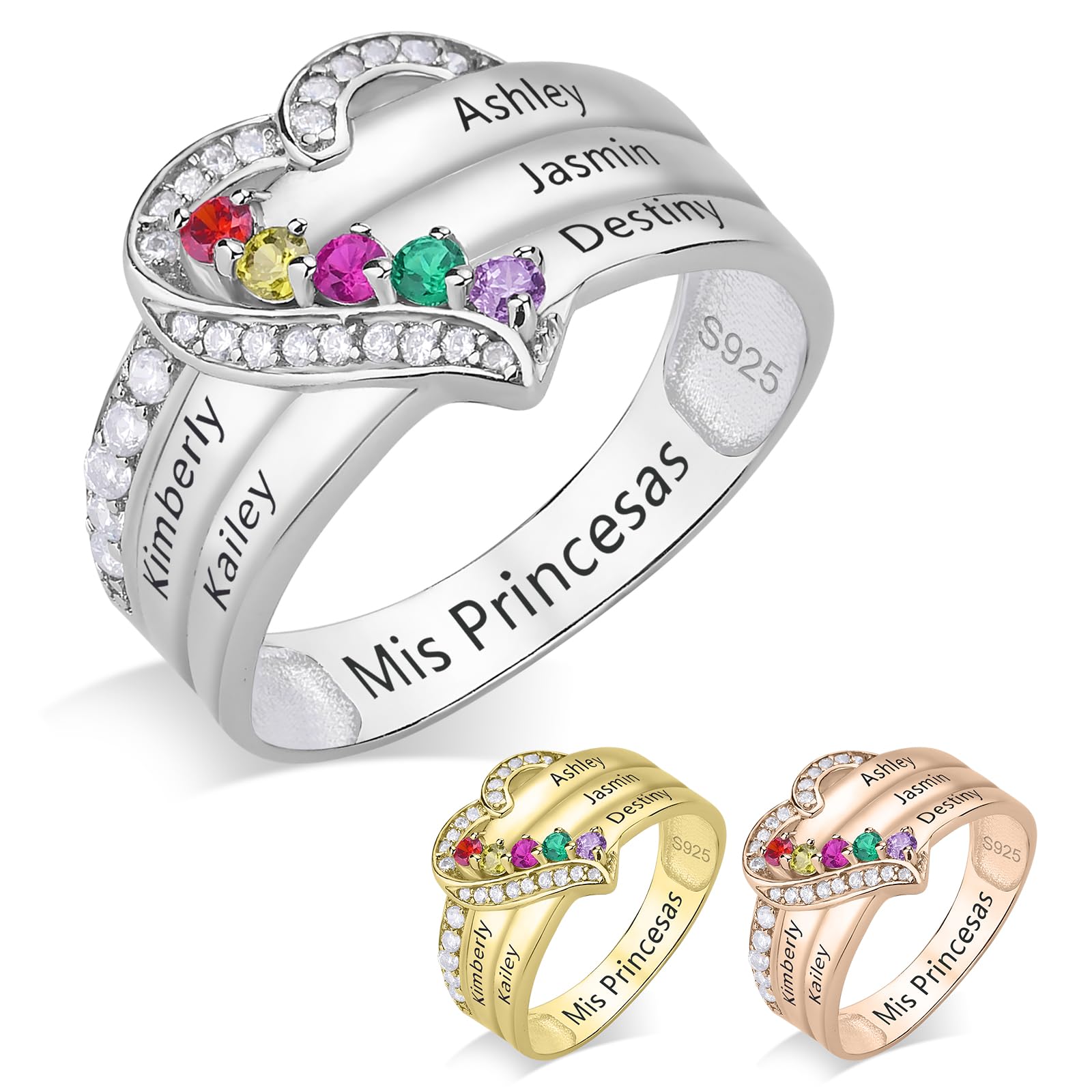 MayEmerald Customized 925 Sterling Silver Mother's Ring with 1-8 Birthstones, Engraved Name Band for Women, Unique Family Heart Ring for Wife or