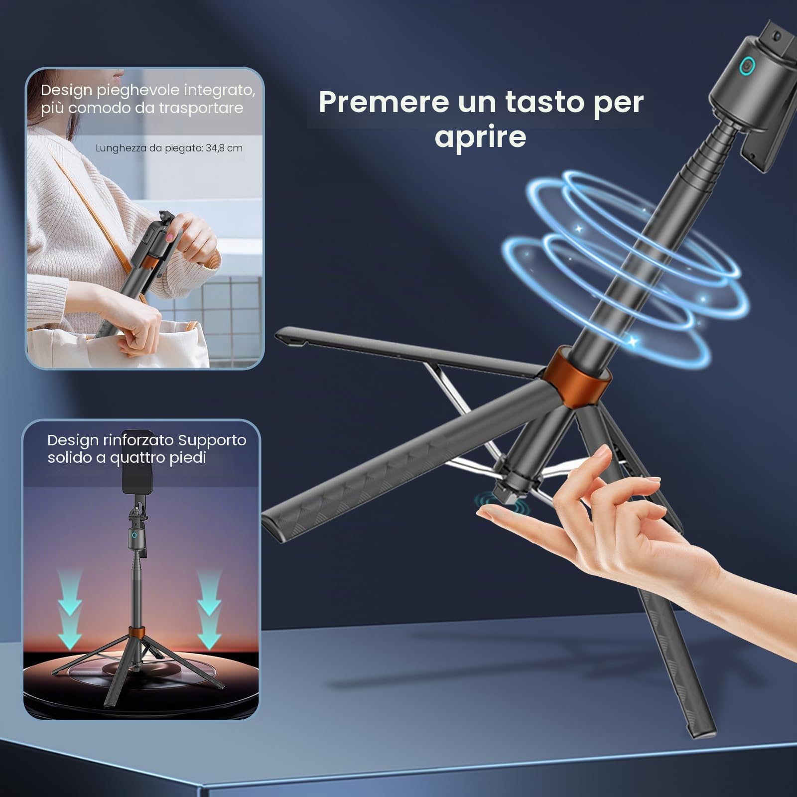 Treppiede per selfie da 178 cm, rotazione a 360 gradi per iPhone, senza app, riprese video e streaming (con luce di riempimento)