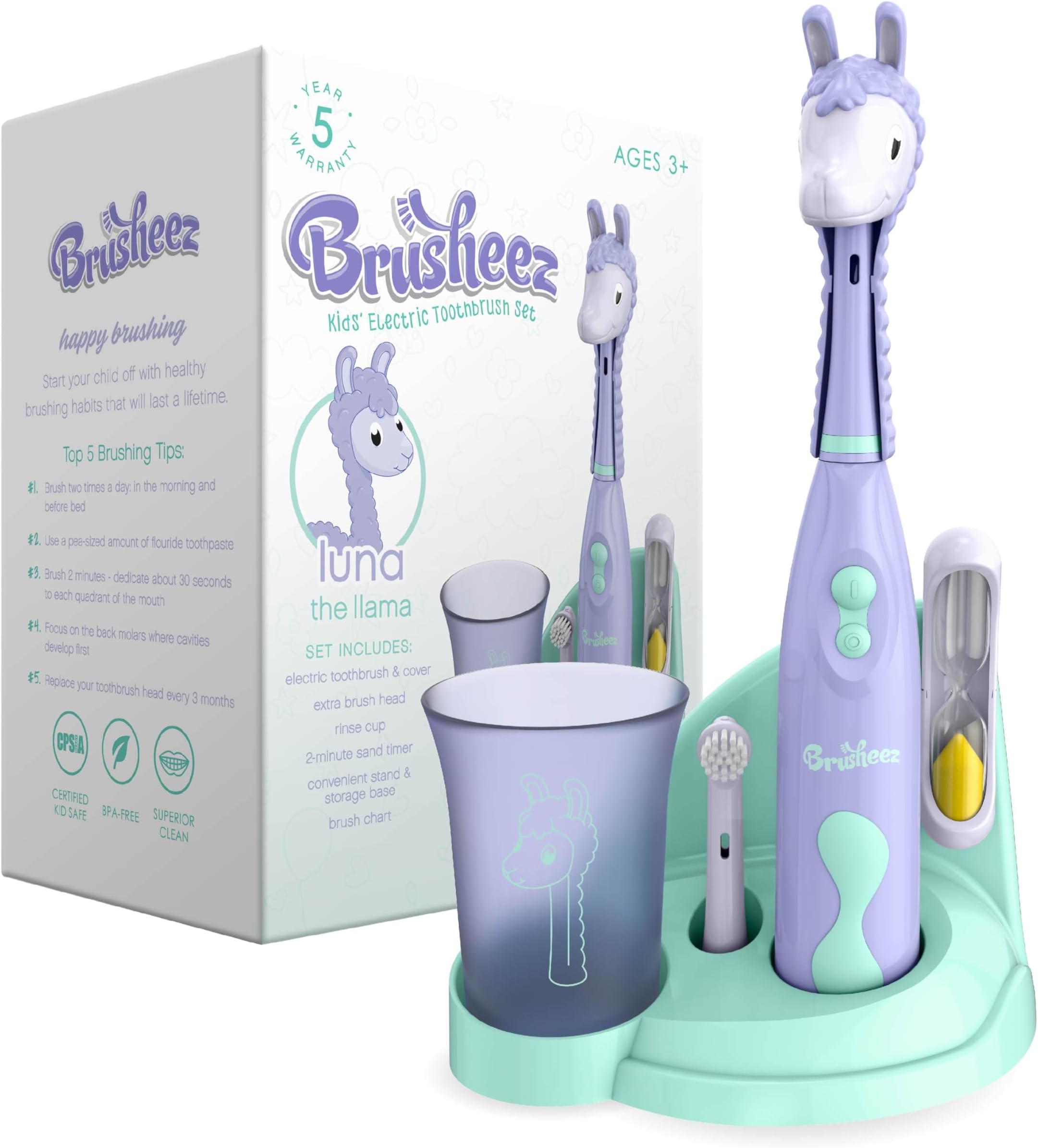 Brusheez Kids’ Electric Toothbrush Set - Safe & Effective for Ages 3+ - Parent Tested & Approved with Gentle Bristles, 2 Brush Heads, Rinse Cup, 2-Minute Timer, & Storage Base (Luna the Llama)