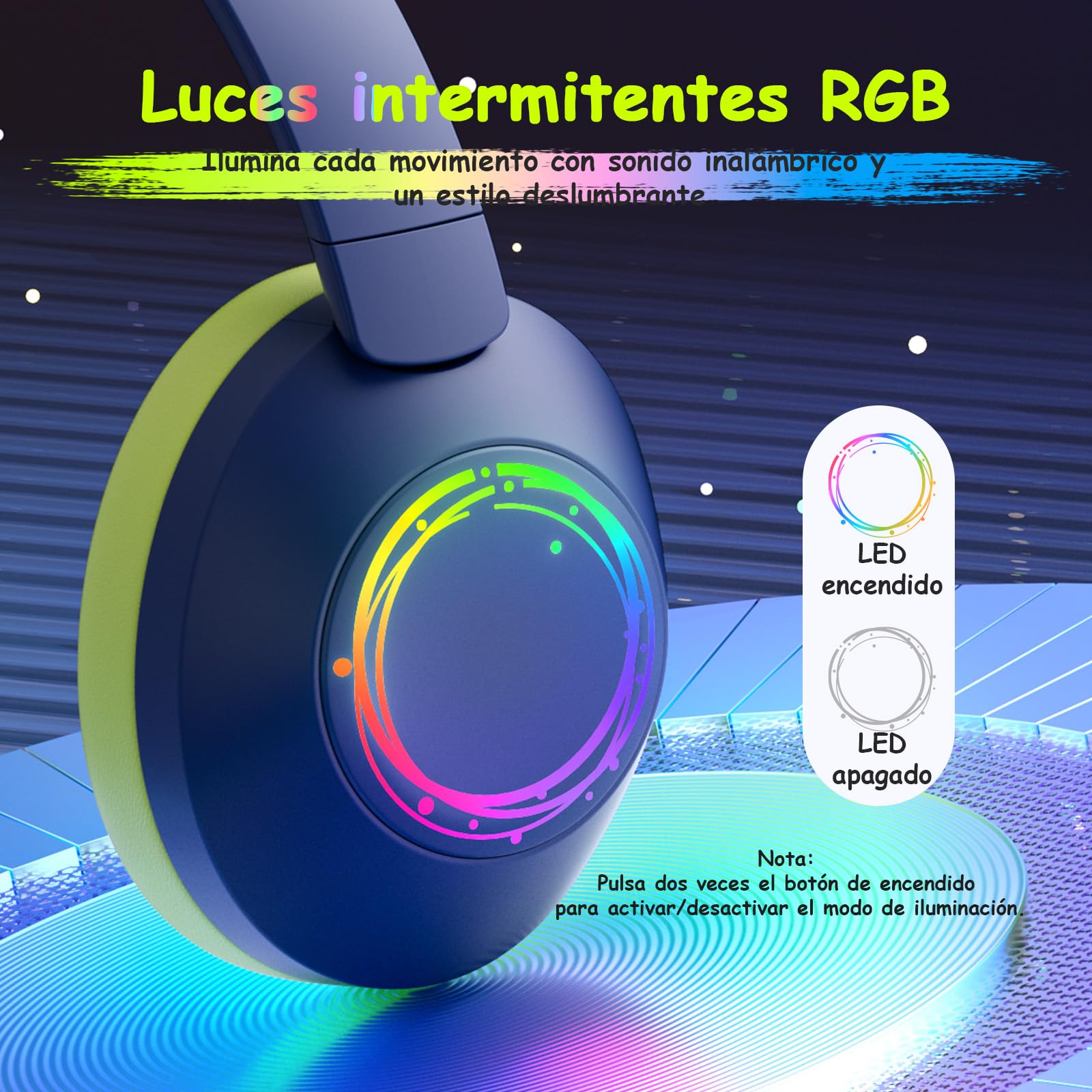 TONOSHARK Cascos Inalambricos Bluetooth Niña, Auriculares Niños con Cancelación De Ruido, Luces LED RGB Coloridas, Tiempo Reproducción De 60 Horas, Bluetooth 5.4 - Incluye Estuche Portátil (Azul)