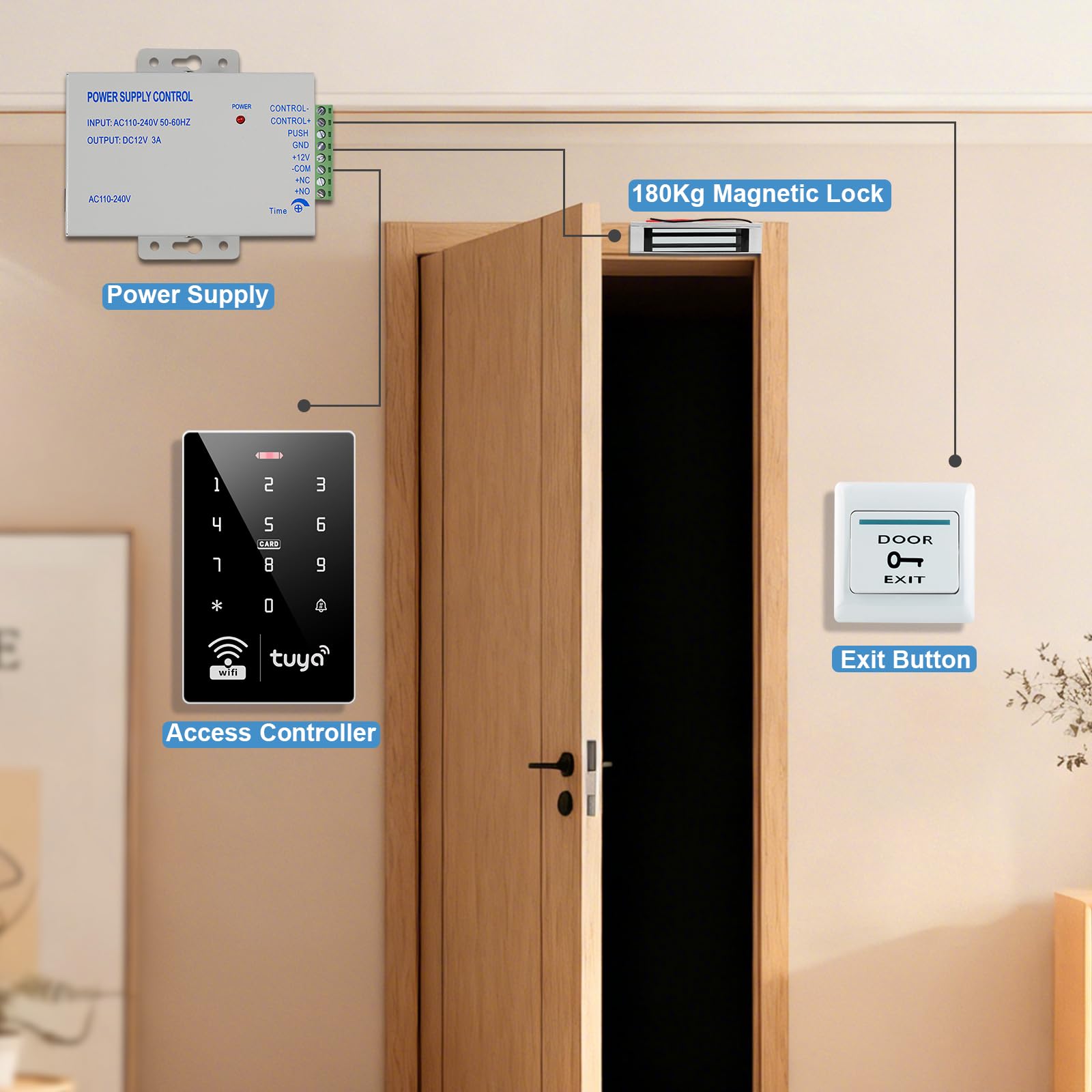Kit completo de control de acceso WiFi inteligente S10 Tuya: bloqueo magnético de 180 kg, fuente de alimentación, interruptor de salida y 10 tarjetas IC, solución de seguridad completa.