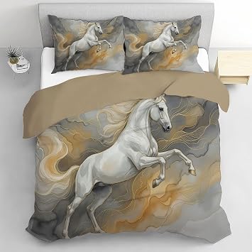 Double Duvet Cover Sets, 200x200cm Luxury Marble Reversible Bedding Set Soft Breathable White Horse Raises Its Hooves Bed Sets Lightweight Comforter Cover with Pillowcases, Light Gray