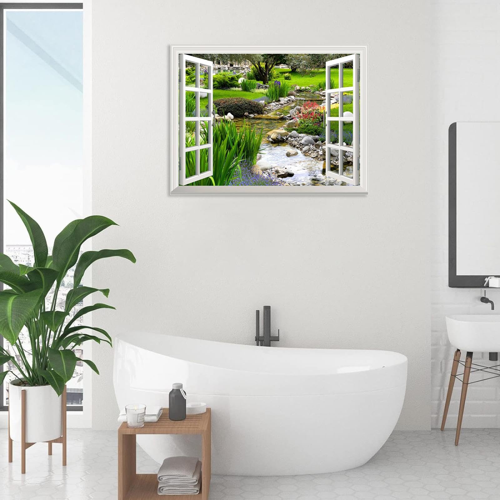 MOBYAT Gefälschte Fensterbilder,Wandbild,klarer Frühling und grünes Gras aus dem offenen Fenster,kreative Wanddekoration,105 x 70 cm (41 x 28 Zoll) Innenrahmen
