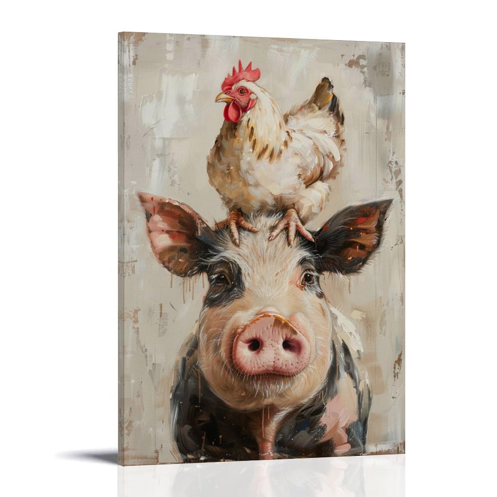 FYFMUSHE Country Animals Canvas Wall Art Paintings Abstract Farm Rooster And Pig Pictures on Canvas Prints Framed Ready to Hang Artwork for Bedroom Home Decor 16x24inch(40x60cm)