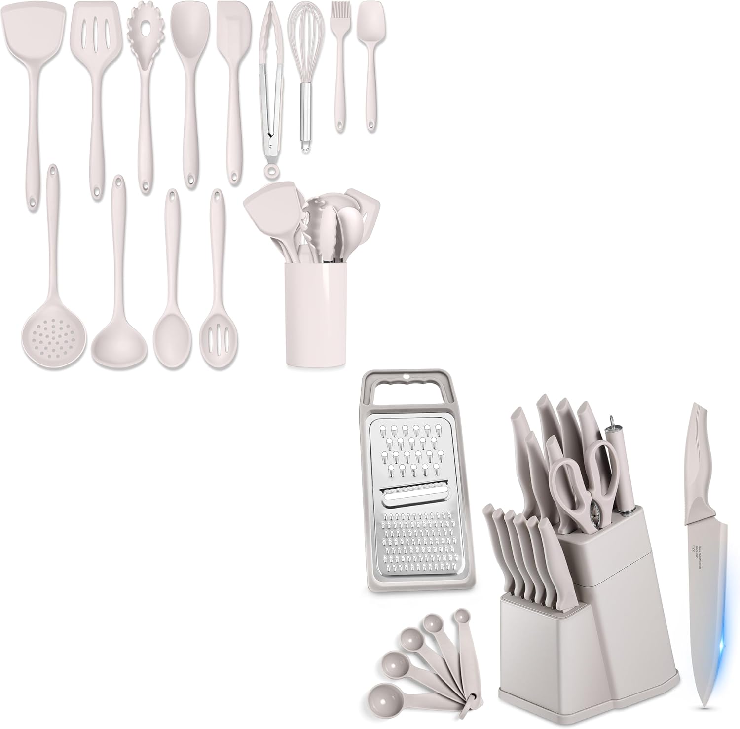 HaWare Kitchen Utensils Set, 14-Piece Silicone Cooking Utensils Set with Holder and 21-Piece Knife Block Set, Heat-resistant Kitchen Tools and Sharp Knives, Kitchenware Set Khaki