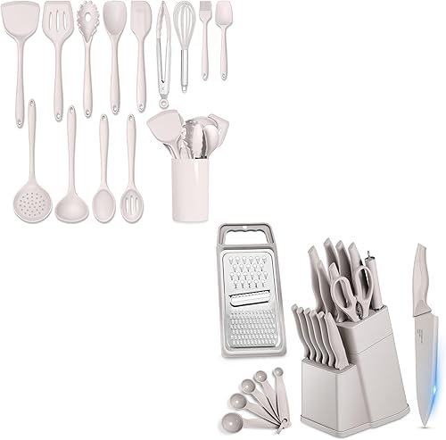 HaWare Juego de utensilios de cocina, juego de utensilios de cocina de silicona de 14 piezas con soporte y juego de 21 bloques de cuchillos,