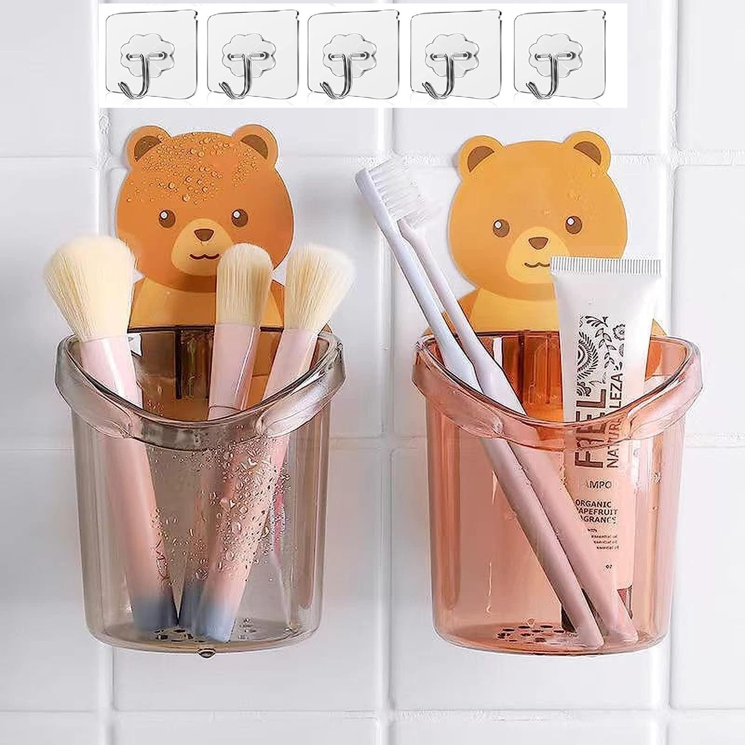 SARTHU Toothbrush Holders for Bathroom Waterproof Self Adhesive Wall Mount for All Types Tooth Brush,Toothpaste,Face-Cream,Lotion,Comb Teddy Bear Shaped with water Drain Hole (2 Pcs, Multicolor)5 Hook