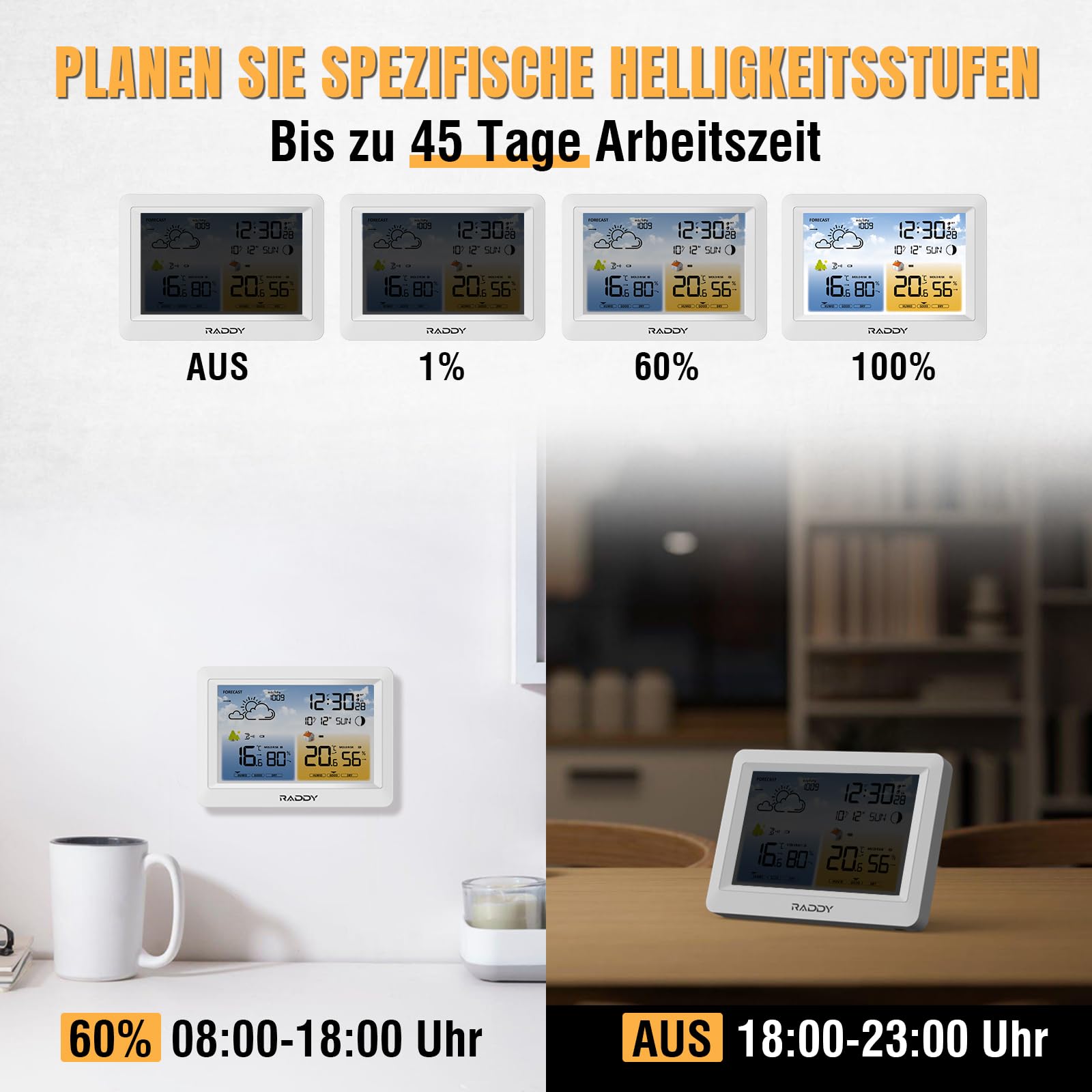 Raddy WM6 Wetterstation funk mit Außensensor Wireless Indoor Outdoor Thermometer Hygrometer Barometer mit eingebautem 2000mAh Akku, DCF-Funkuhr, Wettervorhersage, Schimmelpilzwarnung für Zuhause