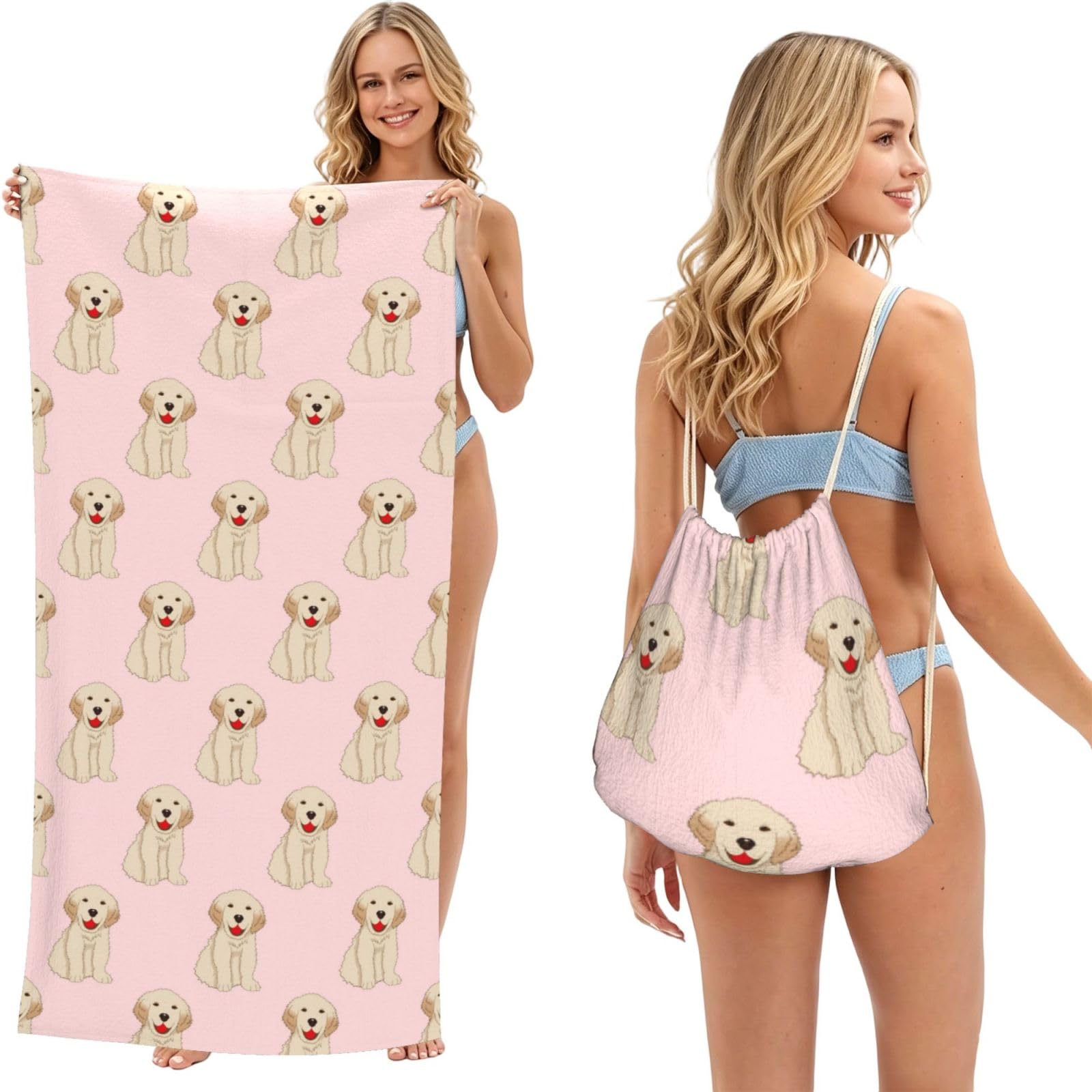Poadnly As Picture Labrador Golden Retriever Dog, 2 In 1 Packable Towel Bag, Beach Towels With Drawstring Backpack For Travel Holiday Camping