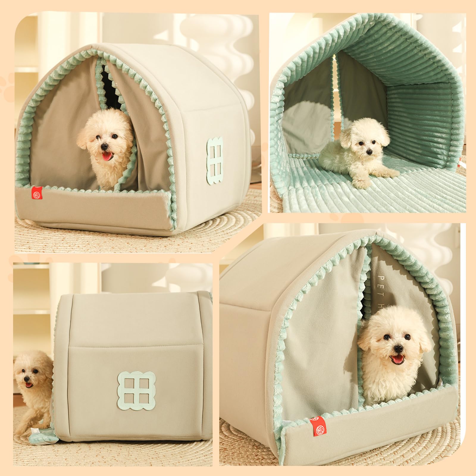 PETCUTE Cuccia per Gatti da Interno,Morbidi e Caldi,Letto per Cuccioli con Tende per Porte,Lavabile,Cuccia Gatto Chiusa con Fondo Antiscivolo,Casa Pieghevole per Gatti,per Piccoli Animali Domestici,L