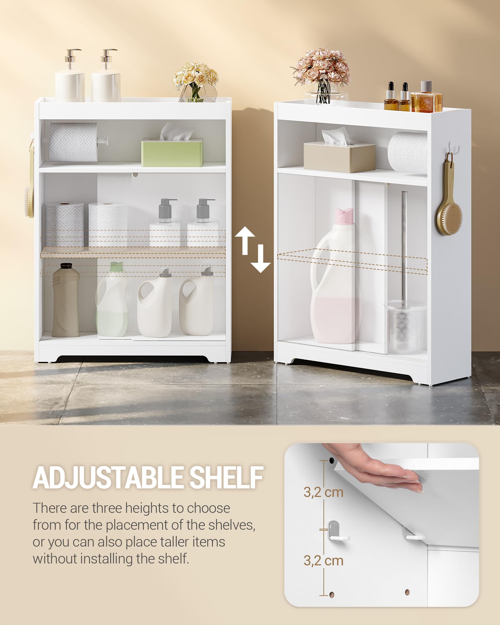 Hzuaneri Mueble de Baño, Puerta Corredera, 20 x 60 x 80 cm, Blanco | Armarios de Baño que Ahorran Espacio, Estante Ajustable, al Lado del Inodoro, BC62813X