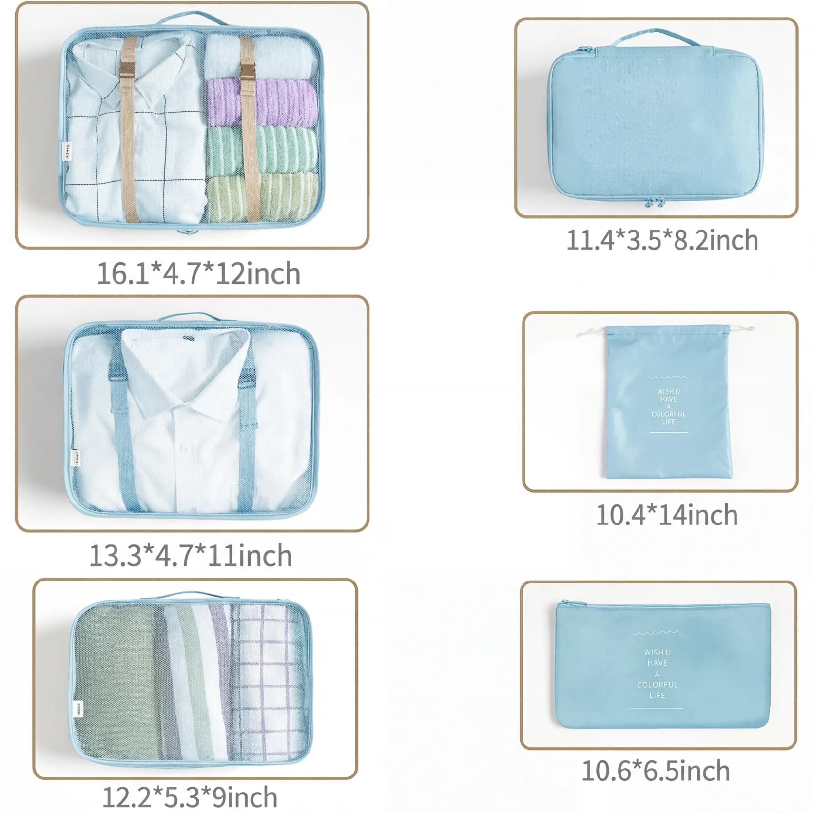 LANSKLBD 6/8 Set Packing Cubes for Suitcases Travel Luggage Packing Organizers,Travel Accessories Essentials Luggage Organizer with Shoe/Tioletry/Laundry Bag (Light Blue, 6 set) view 7