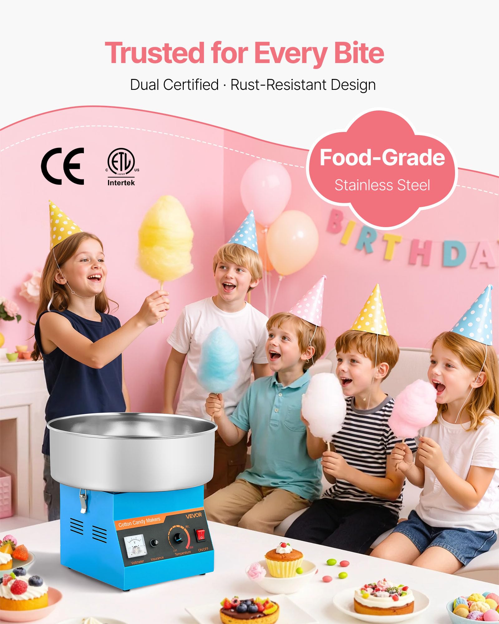 VEVOR Macchina Zucchero Filato Commerciale, Elettrodomestici per Zucchero Filato da Cucina Potenza Totale 1000 W con Ciotola in Acciaio Inox da 38 cm, Feste Eventi Carnevale, Blu