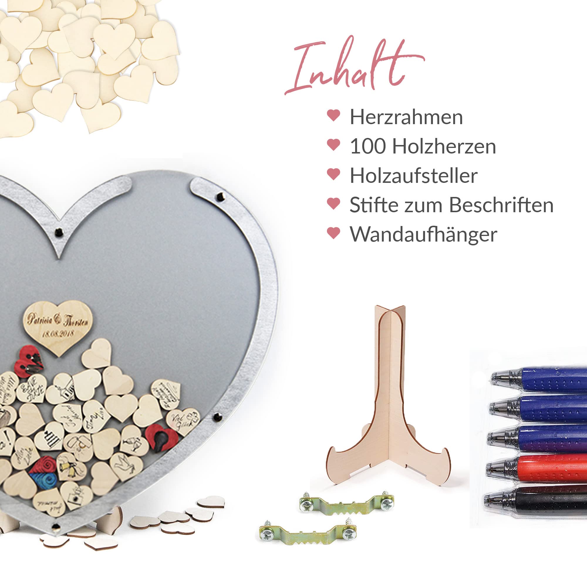 Edles Hochzeitsgästebuch, Herzform, Silber, Holz Herzchen - Personalisierbar mit Wunschgravur (Dekor Silber, L - 50 x 40 cm)