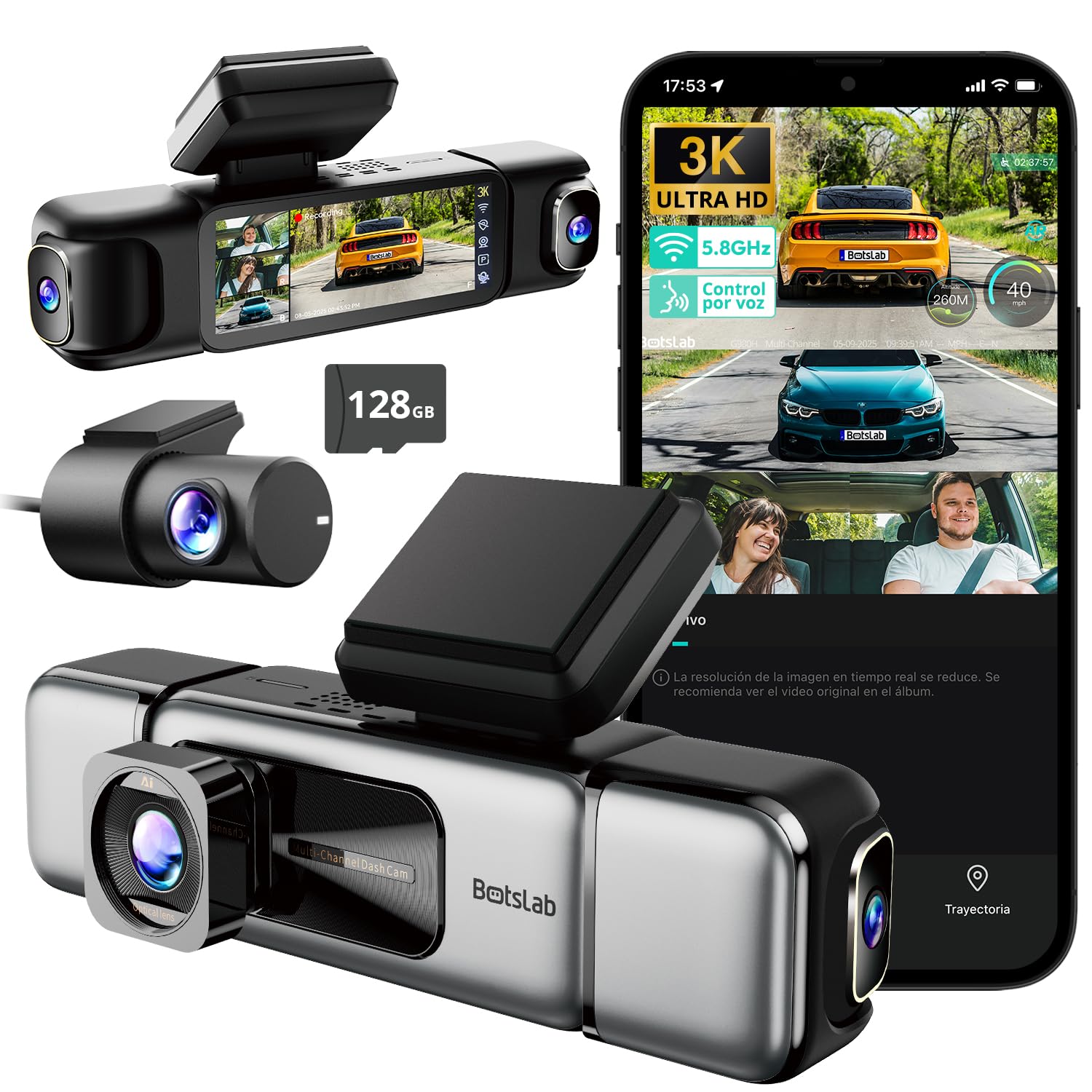BOTSLAB Dashcam de 4 Canales para Auto Delantero Trasero, 4 Canales 3 K + 3 x 1080P, cámara para Auto con Tarjeta SD de 128 GB, GPS 5 GHz, Pantalla IPS de 3,18 Pulgadas, visión Nocturna, WDR, Sensor Certificado ClimatePartner