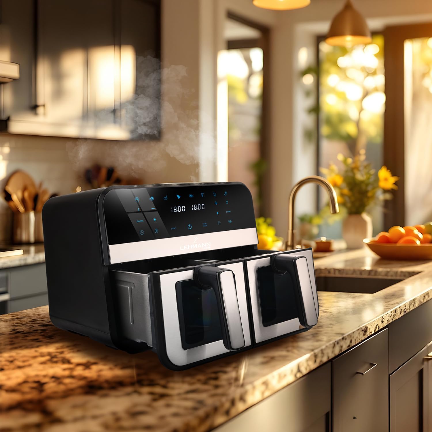 LEHMANN Air Fryer 9L, Dual Friteuse sans Huile avec 2 Tiroirs, 2400W, 12 Programmes, Température ajustable de 80-200 ºC, Contrôle WIFI, Écran Tactile, pour les Grandes Familles avec Enfants