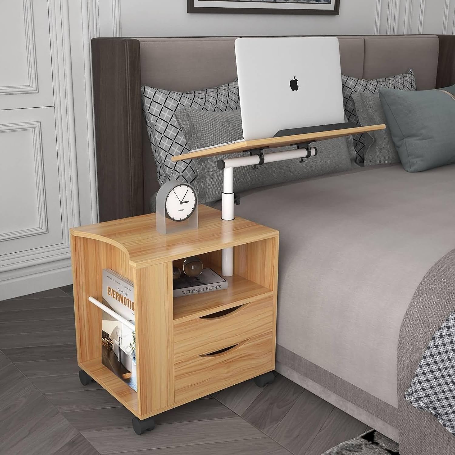 Height Adjustable Overbed End Table Wooden Nightstand with