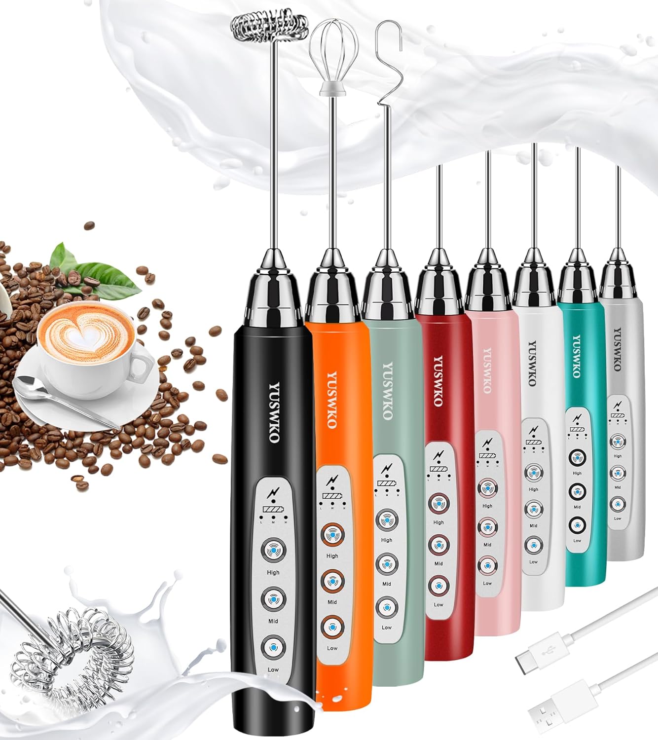 YUSWKO Milk Frother Handheld with 3 Heads, Electric Whisk Drink Foam Mixer with USB Rechargeable 3 Speeds, Mini Frother for Coffee Latte, Cappuccino, Hot Chocolate, Egg