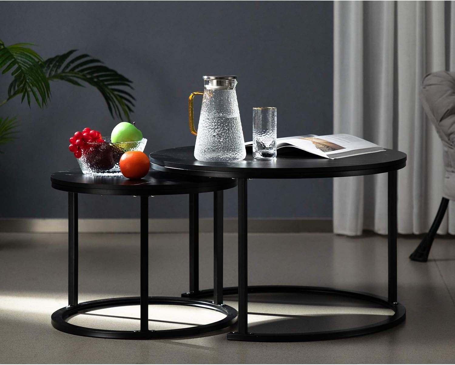 HollyHOME Modern Round Nesting Side Table Set of 2, Wood Coffee and Snack End Table with Metal Frame, Accent Tea Table for Living Room, (D) 27.56" x(H) 17.72", (D) 19.69" x(H) 15.75", Blac : Home & Kitchen