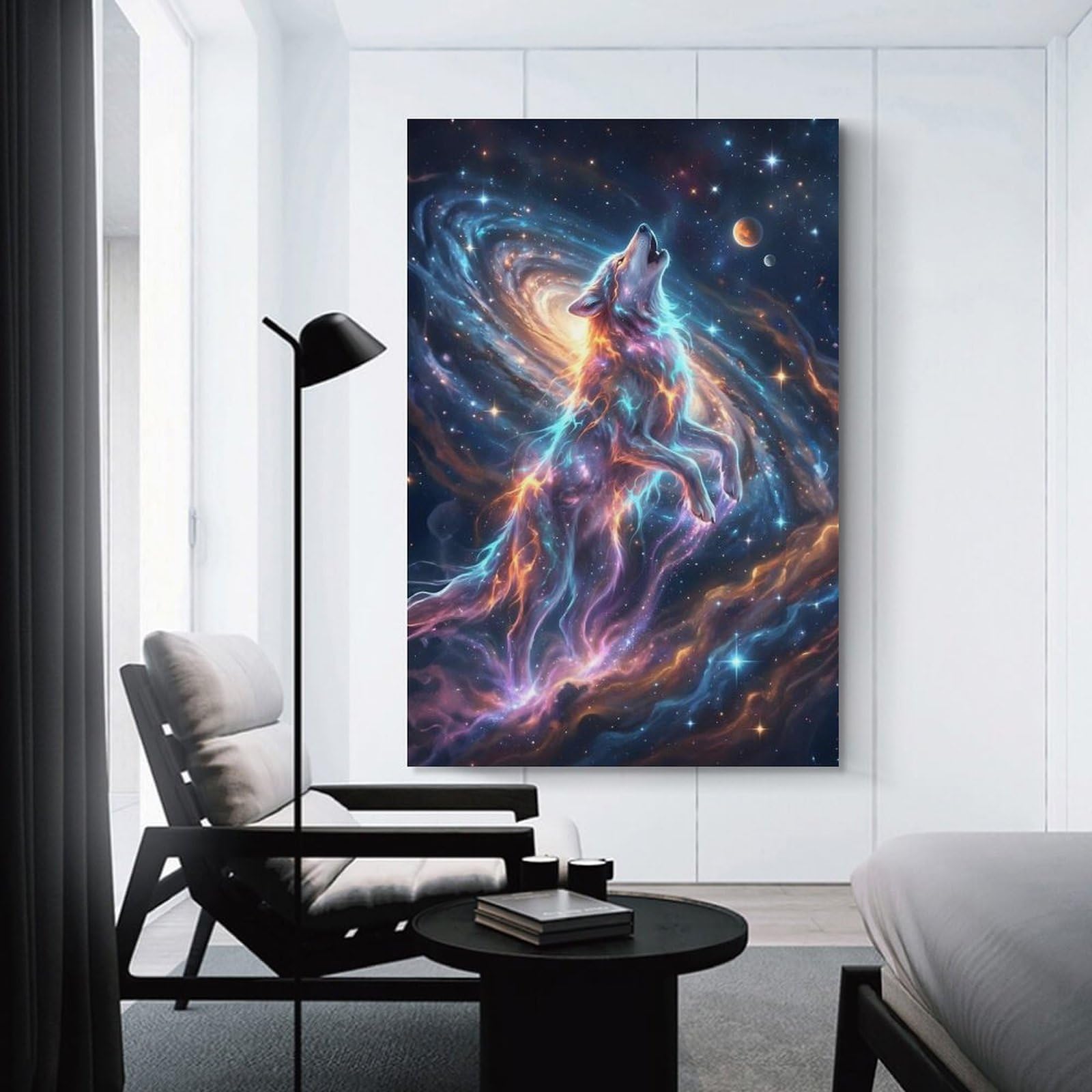 Junmoney Cosmic Wolf Howling at The Moon Decorative Canvas Print, 24x36inch(60x90cm), for Hallway, Bedroom Or Modern Interiors, Gift Idea for Housewarming And Birthdays