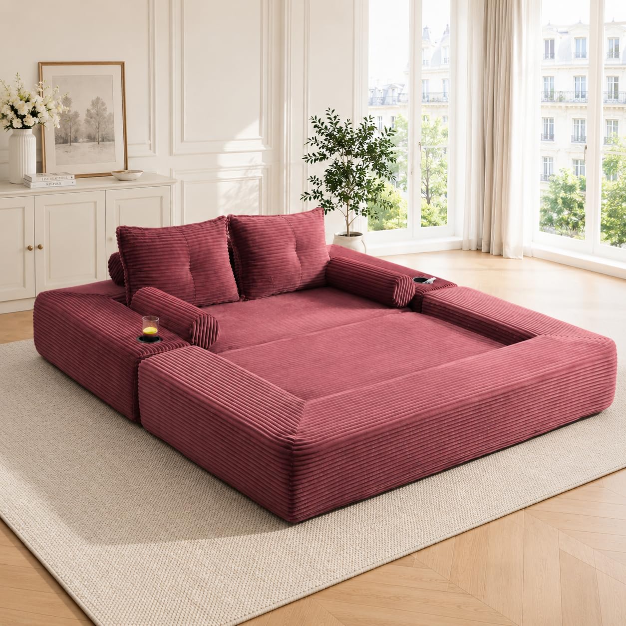 Sofá plegable de pana para 2 personas con espuma de alta densidad y posavasos lateral