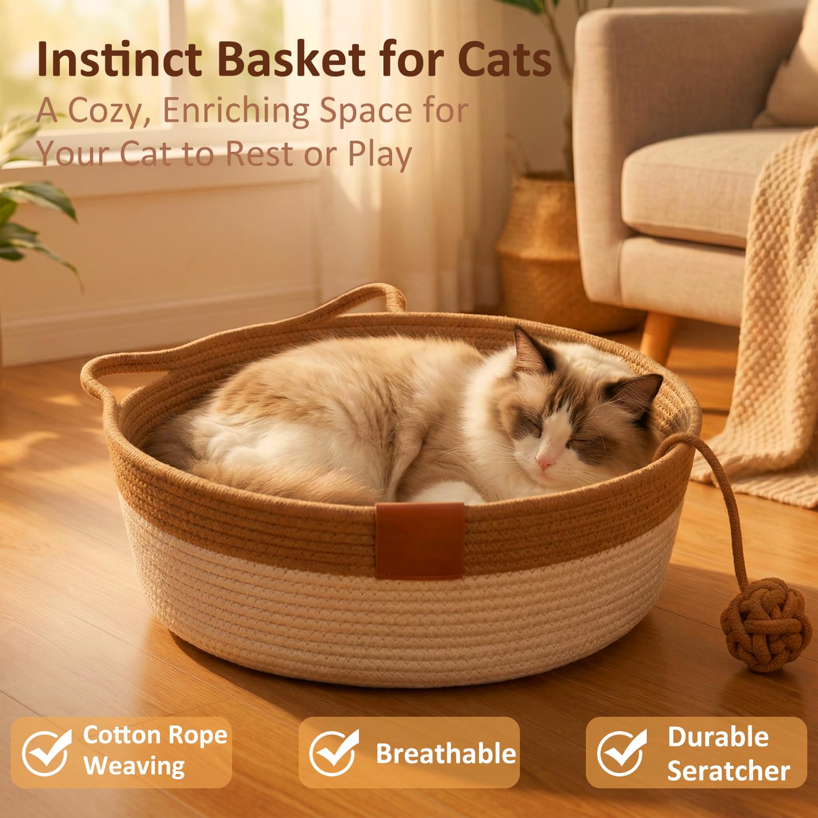 Instinct Basket per gatti, letto arricchito a mano in corda di cotone con coda giocattolo attaccata, nido interattivo antigraffio per animali domestici, presenta pareti flessibili per combattere la