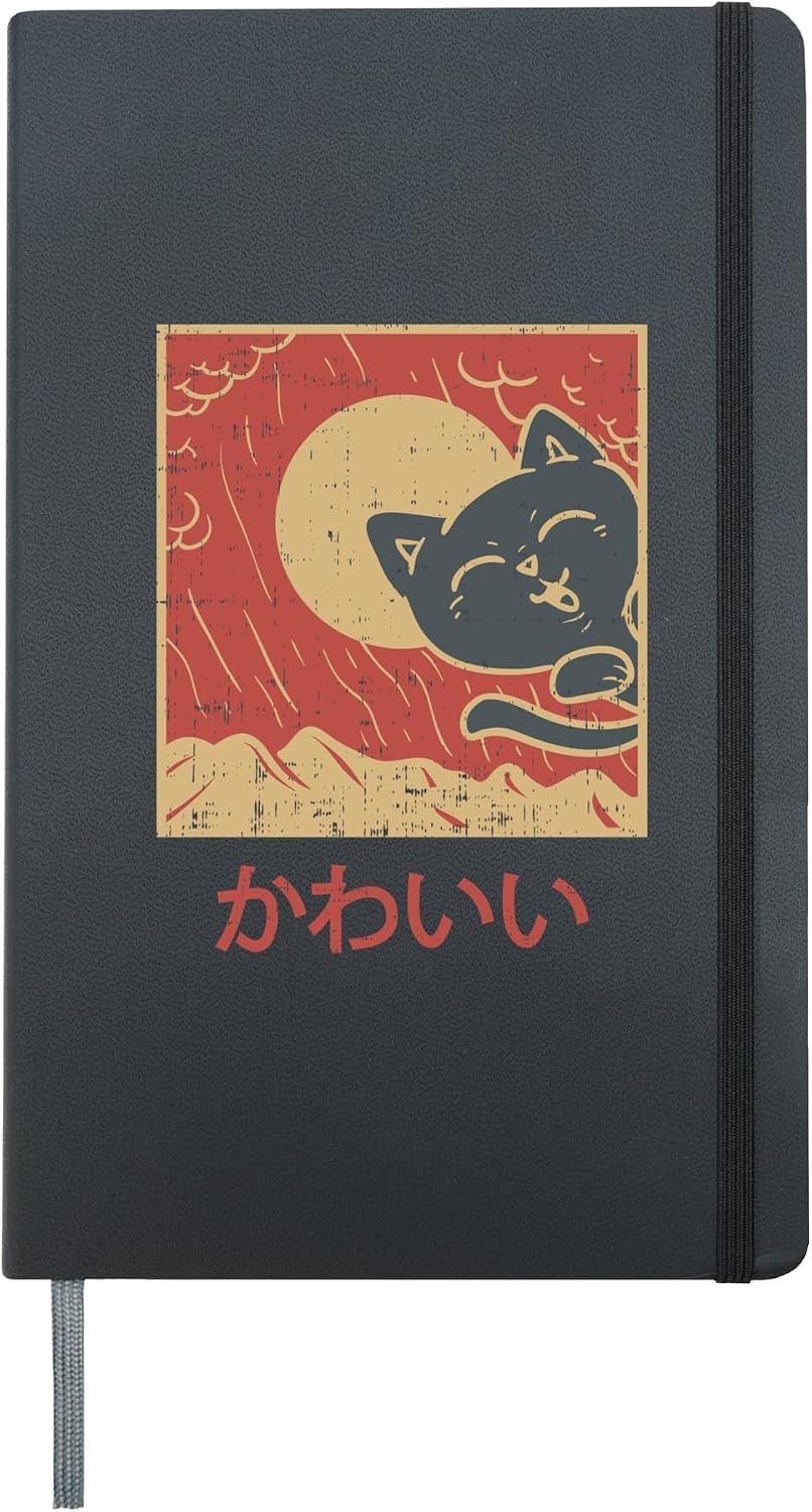 Vintage Japanese Kawaii Cat Shirt Anime Otaku Birthday Hardcover Journal, Black