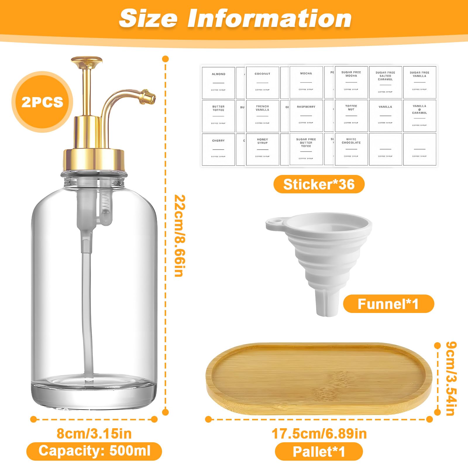 Set 2 Distributore Sciroppo Caffè, con Pompa Dorata, 36 Etichette, Imbuto, Pallet, 500ml Bottiglie Vetro, Dispenser Pompe, Bottiglia Aceto Olio, Erogatore, Accessori Bar, Erogatori Sciroppo per Cucina