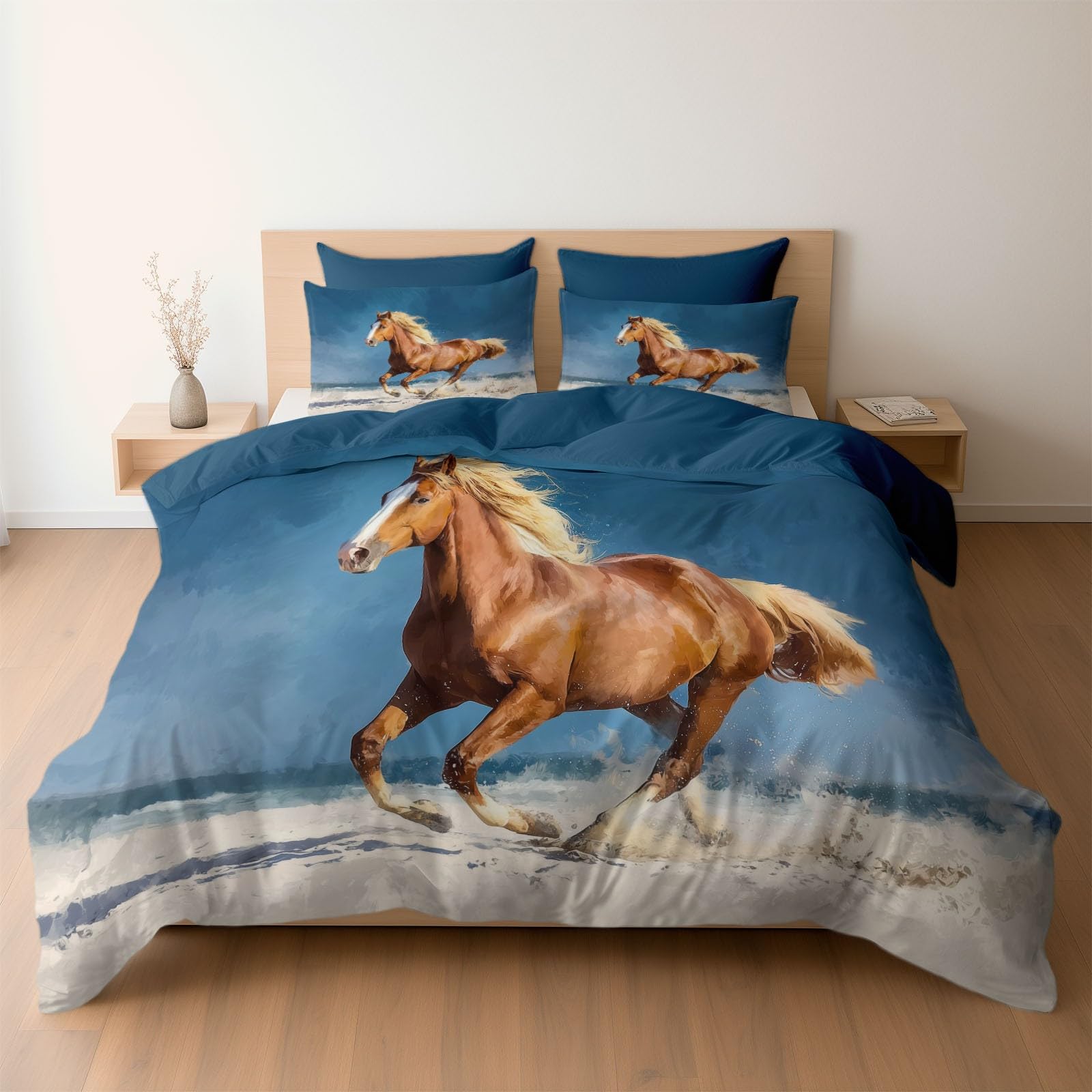 Parure de lit 160 x 200 cm avec 2 taies d'oreiller en microfibre bleu ciel motif cheval au galop
