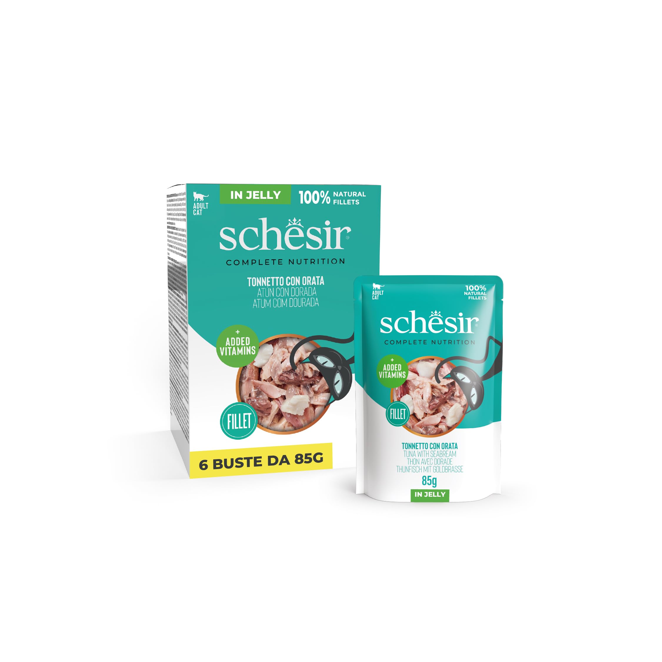 Schesir, Atún con Dorada en Gelatina, Alimento Húmedo Completo para Gatos, en sobre, Ingredientes 100% Naturales, Cruelty Free, 6 x 85g