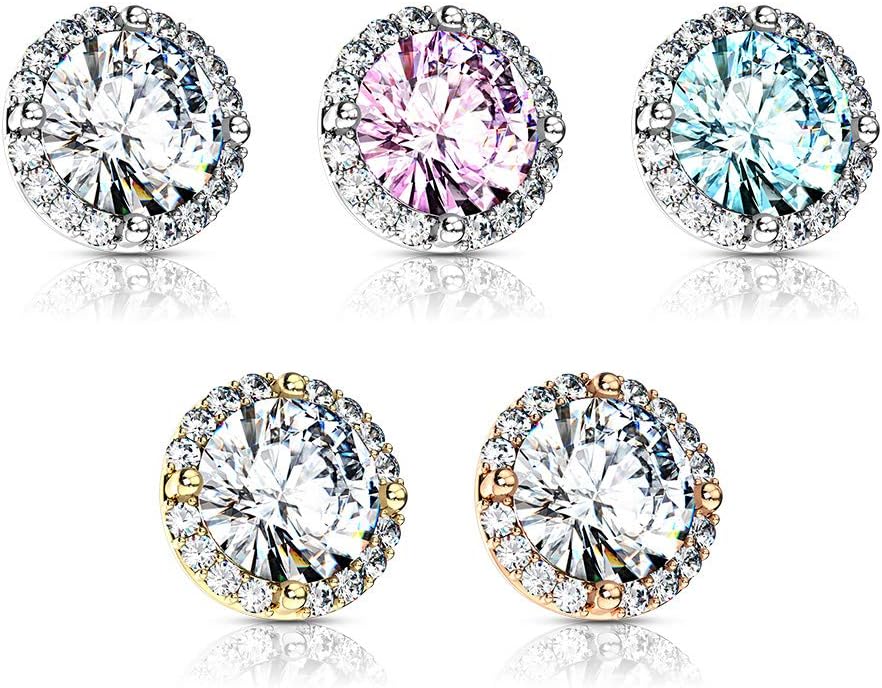 FIFTH CUE 14G Dermal Tops with Large 8.4mm Prong Set Cubic Zirconia Center, Gold Plated Surgical Steel Dermal Piercing Jewelry Tops, Rhodium/14Kt Gold Plated