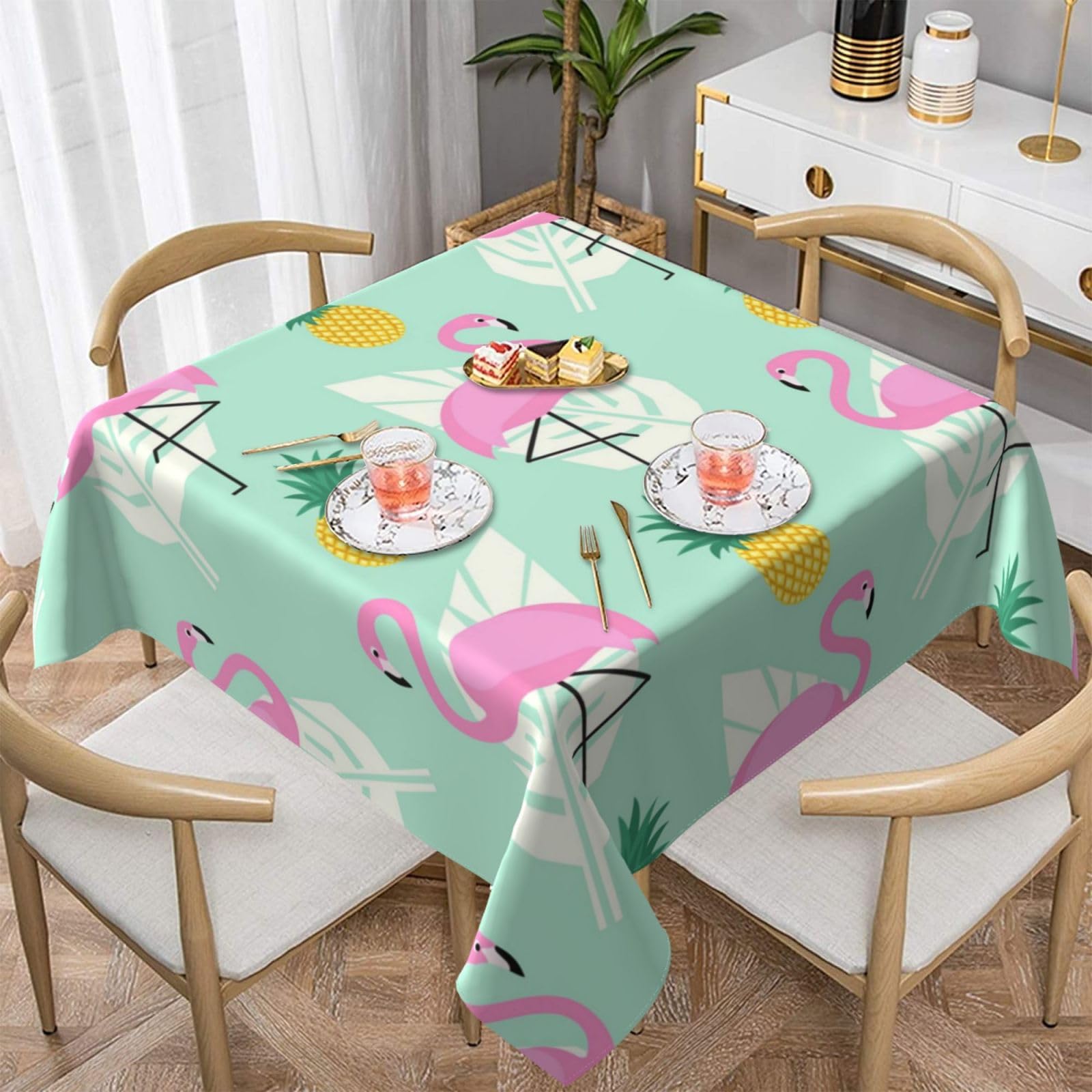 DCEHGEW pink flamingo pineapples Prints Square Tablecloth 152x152 CM, Waterproof Fabric Table Cloth for Dining Table, Farmhouse Table Cover for Kitchen Dining Tabletop Decoration