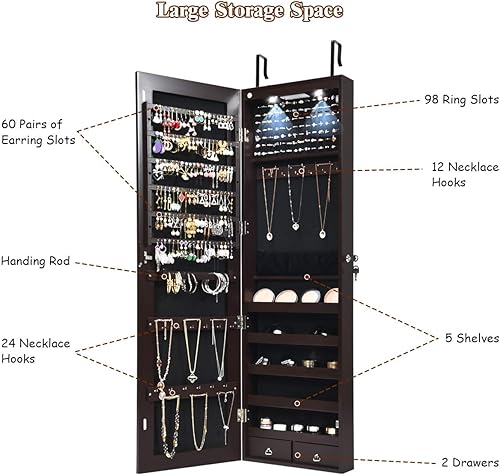 Miniatura 4 de Giantex Armario de joyería para puerta de pared con espejo de longitud completa, 2 LED con cerradura grande organizador de joyas con espejo ancho,